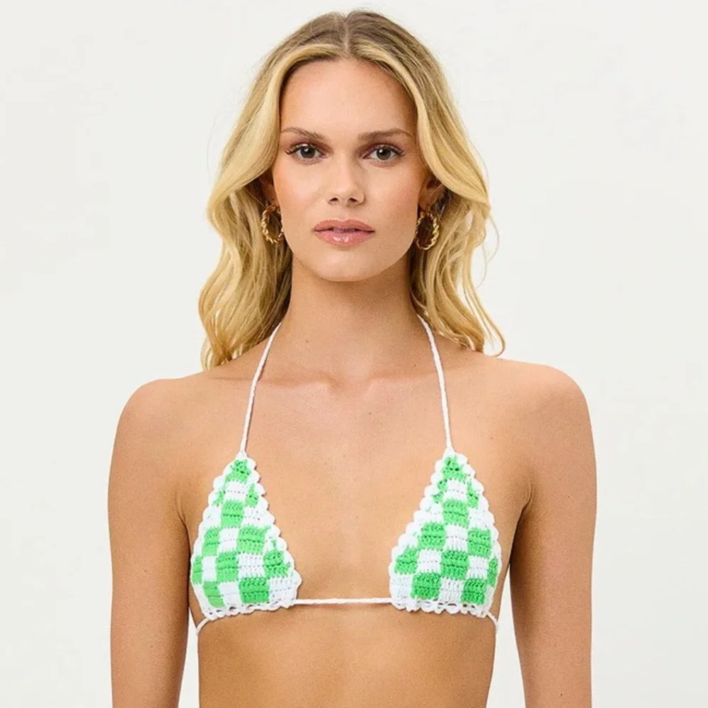 NWT Frankie’s Bikinis Tia Crochet Triangle Bikini Top in Jade Checker